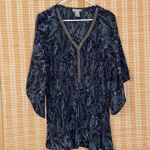 Catherines Womens 1XWP Tunic Purple Paisley 3/4 Flutter Sleeve Bedazzled Boho